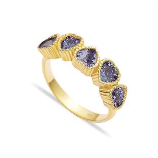 925 Ayar Gümüş Ametist Sıralı Kalp Yüzük