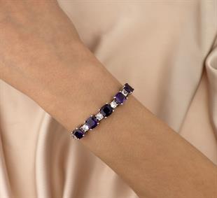 925 Ayar Gümüş Ametist Taşlı Asansörlü Bileklik