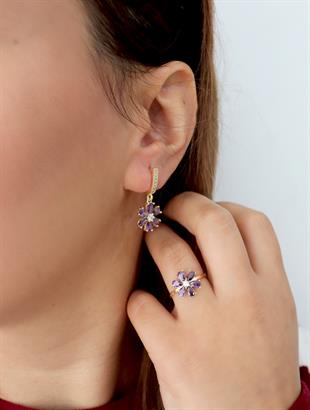 925 Ayar Gümüş Ametist Taşlı Çiçek Küpe