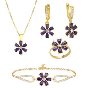 925 Ayar Gümüş Ametist Taşlı Çiçek Takı Seti