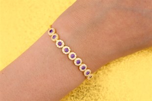 925 Ayar Gümüş Ametist Taşlı Gold Asansörlü Bileklik