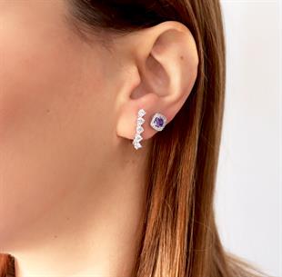 925 Ayar Gümüş Ametist Taşlı Kare Pırlanta Montürlü Gümüş Küpe