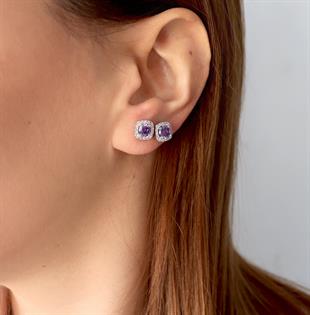 925 Ayar Gümüş Ametist Taşlı Kare Pırlanta Montürlü Gümüş Küpe