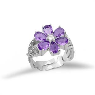 925 Ayar Gümüş Ametist Taşlı Manolya Çiçeği Yüzük