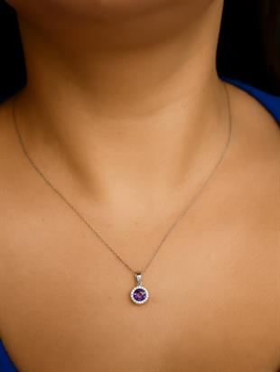 925 Ayar Gümüş Ametist Yuvarlak Anturaj  Kolye