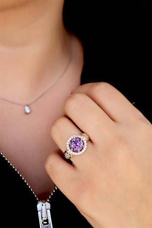 925 Ayar Gümüş Ametist Yuvarlak Taşlı Otantik Yüzük