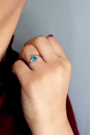 925 Ayar Gümüş Aqua Damla Taş Vintage Yüzük