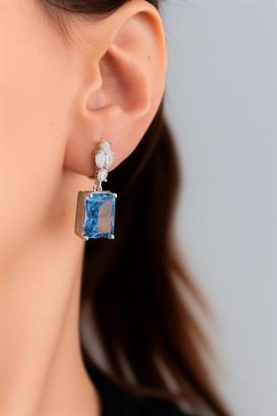 925 Ayar Gümüş Aqua Elmas Kesim Baget Küpe