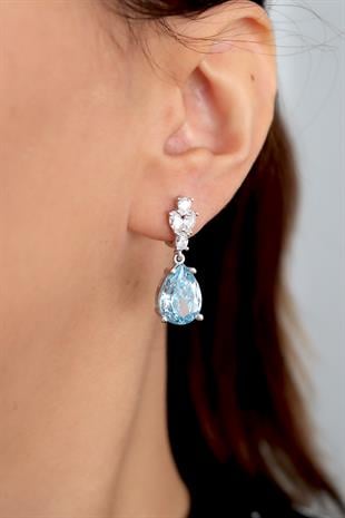 925 Ayar Gümüş Aqua Elmas Kesim Damla Küpe