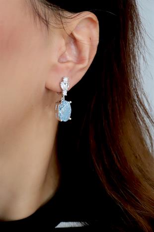 925 Ayar Gümüş Aqua Elmas Kesim Oval Küpe