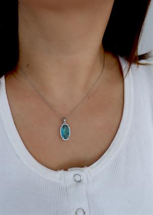 925 Ayar Gümüş Aqua Oval Taşlı Kolye