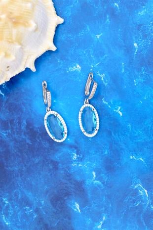 925 Ayar Gümüş Aqua Oval Taşlı Küpe