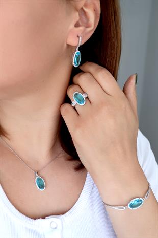 925 Ayar Gümüş Aqua Oval Taşlı Takı Seti