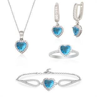 925 Ayar Gümüş Aqua Taş Kalp Takı Seti