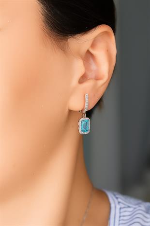 925 Ayar Gümüş Aqua Taşlı Baget Küpe