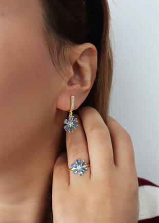 925 Ayar Gümüş Aqua Taşlı Çiçek Küpe