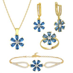 925 Ayar Gümüş Aqua Taşlı Çiçek Takı Seti