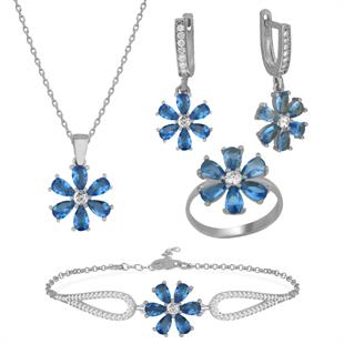 925 Ayar Gümüş Aqua Taşlı Çiçek Takı Seti