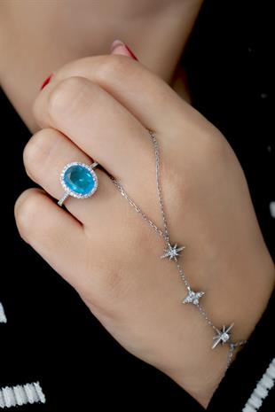 925 Ayar Gümüş Aqua Taşlı Oval Yüzük