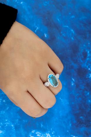 925 Ayar Gümüş Aqua Taşlı Yüzük