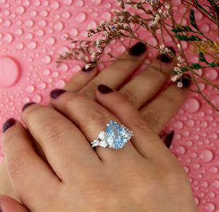 925 Ayar Gümüş Aquamarin Elmas Kesim Damla Taşlı Yüzük