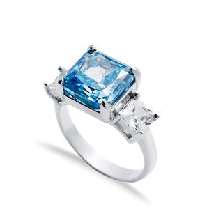 925 Ayar Gümüş Aquamarin Elmas Kesim Kare Taşlı Yüzük