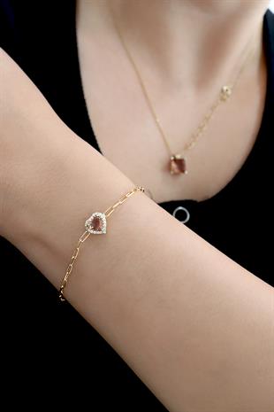 925 Ayar Gümüş Ataç Zincirli Zultanit Taşlı Kalp Bileklik