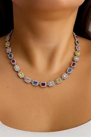 925 Ayar Gümüş Aurora Renkli Baget Tennis Kolye