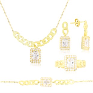 925 Ayar Gümüş Baget Takı Seti Altın Kaplama Zincir Detay