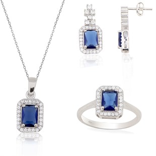925 Ayar Gümüş Baget Takı Seti Safir 3lü Set