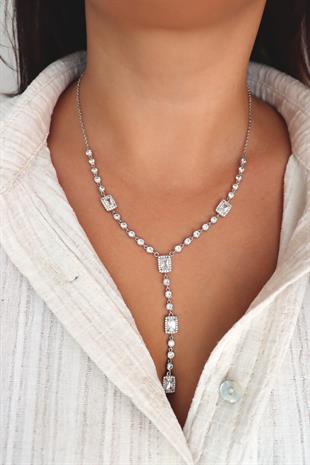 925 Ayar Gümüş Baget Taşlı Y Model Su Yolu Detaylı Kolye