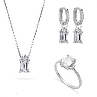 925 Ayar Gümüş Beyaz Baget Taşlı Trend Takı Seti