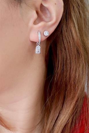 925 Ayar Gümüş Beyaz Baget Taşlı Trend Küpe