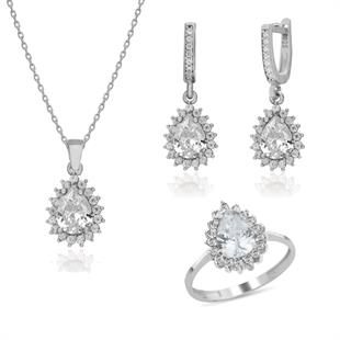 925 Ayar Gümüş Beyaz Damla Anturaj Takı Seti