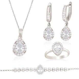 925 Ayar Gümüş Beyaz Damla Taş Takı Seti