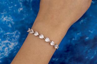 925 Ayar Gümüş Beyaz Kalp Taşlı Su Yolu Bileklik