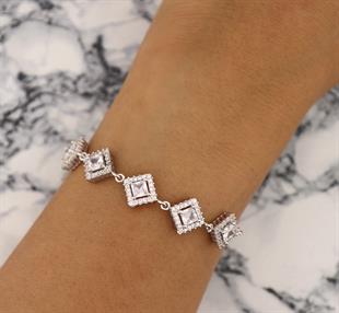 925 Ayar Gümüş Beyaz Kare Taşlı Anturaj Bileklik
