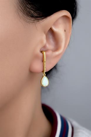 925 Ayar Gümüş Beyaz Opal Damla Taşlı Küpe