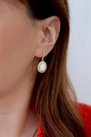 925 Ayar Gümüş Beyaz Opal Taşlı Vintage Tasarım Küpe