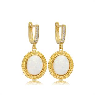 925 Ayar Gümüş Beyaz Opal Taşlı Vintage Tasarım Küpe