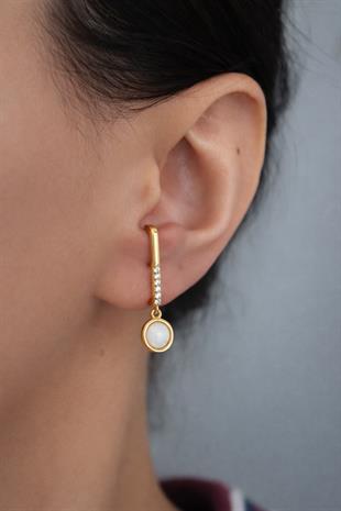 925 Ayar Gümüş Beyaz Opal Yuvarlak Taşlı Küpe