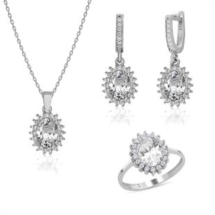 925 Ayar Gümüş Beyaz Oval Anturaj Takı Seti