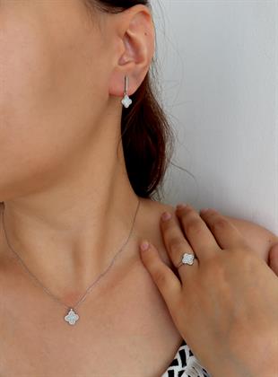 925 Ayar Gümüş Beyaz Sedefli Yonca Takı Seti