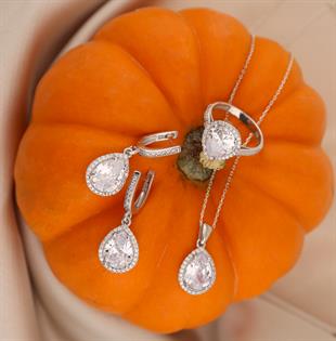 925 Ayar Gümüş Beyaz Su Damlası Takı Seti