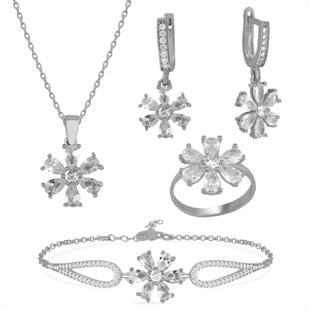 925 Ayar Gümüş Beyaz Taşlı Çiçek Takı Seti