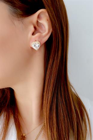 925 Ayar Gümüş Beyaz Taşlı Kalp Küpe