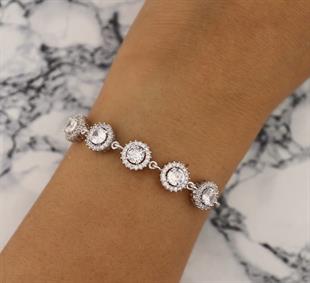 925 Ayar Gümüş Beyaz Yuvarlak Taşlı Anturaj Bileklik