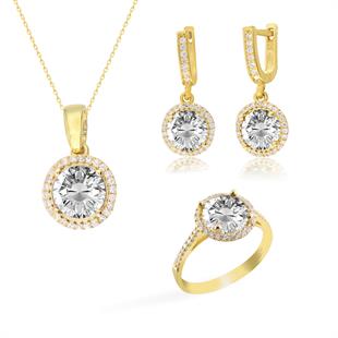 925 Ayar Gümüş Beyaz Yuvarlak Taşlı Takı Seti