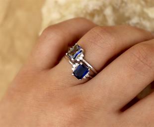 925 Ayar Gümüş Blue Topaz Baget Taşlı Yüzük
