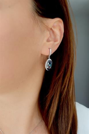 925 Ayar Gümüş Blue Topaz Oval Taşlı Küpe